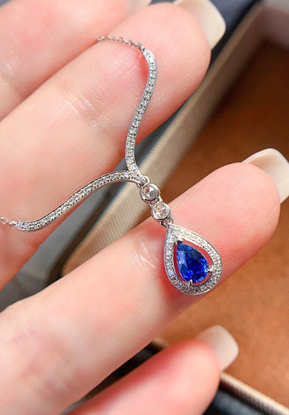 Necklace 18K White Gold 0.6ct Blue Sapphire Diamonds Pendant Female's