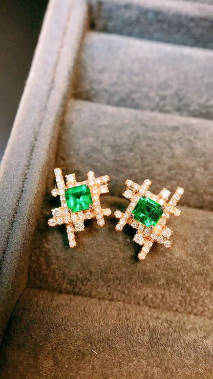 Earrings 18K Gold 0.50ct Green Emerald Diamonds Stud Female's Fine