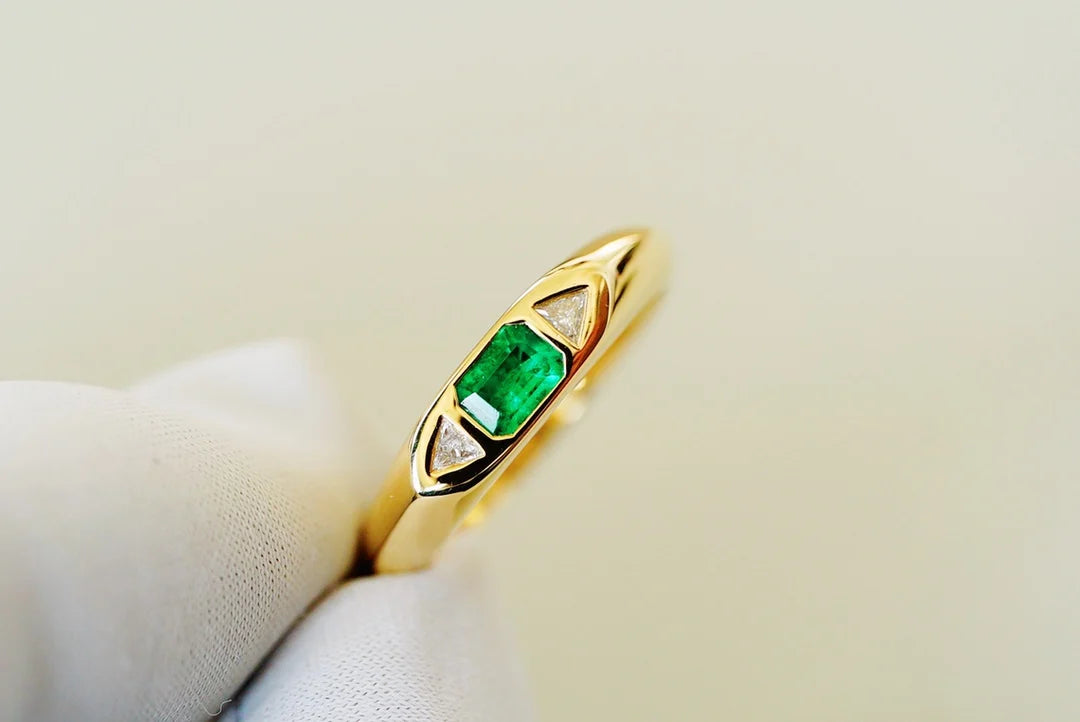 Ring 18K Gold 0.2ct Green Emerald Gemstones Male's Fine