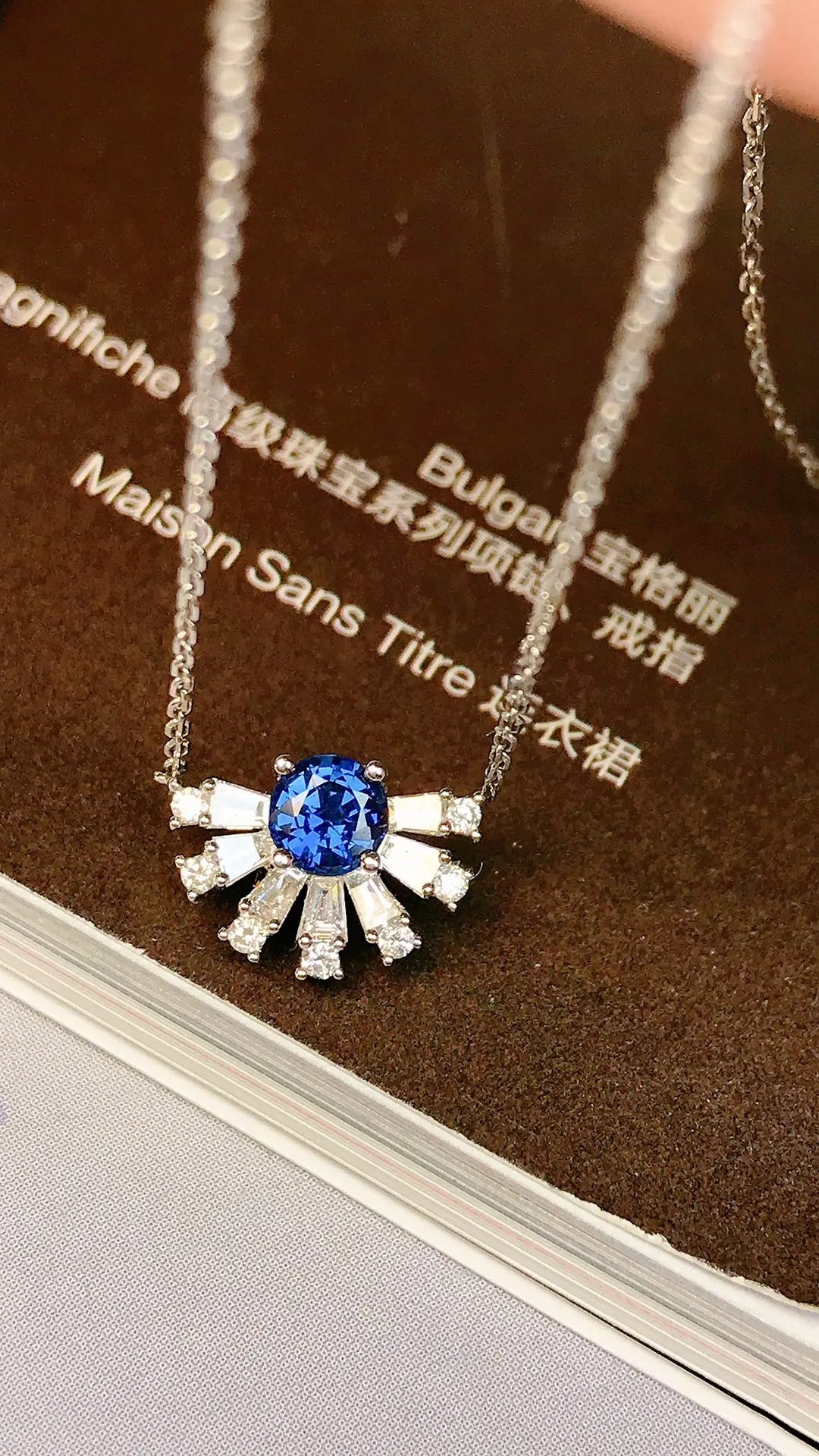 Necklace 18K White Gold 0.38ct Blue Sapphire Diamonds Pendant Female's