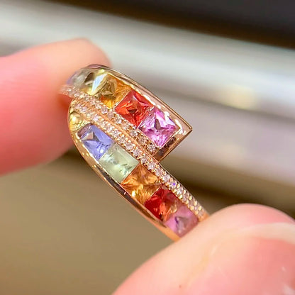 Ring 18K Gold 0.44ct Colorful Sapphire Gemstones Diamonds Female