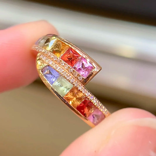 Ring 18K Gold 0.44ct Colorful Sapphire Gemstones Diamonds Female