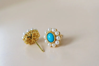 Earrings 18K Gold Turquoise Pearls Stud Female's Fine Gift