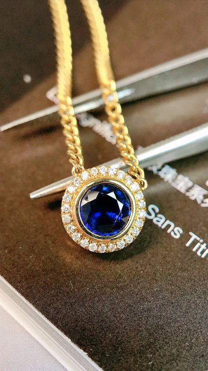 Necklace 18K Gold 0.75ct Blue Sapphire Diamonds Pendant Female's