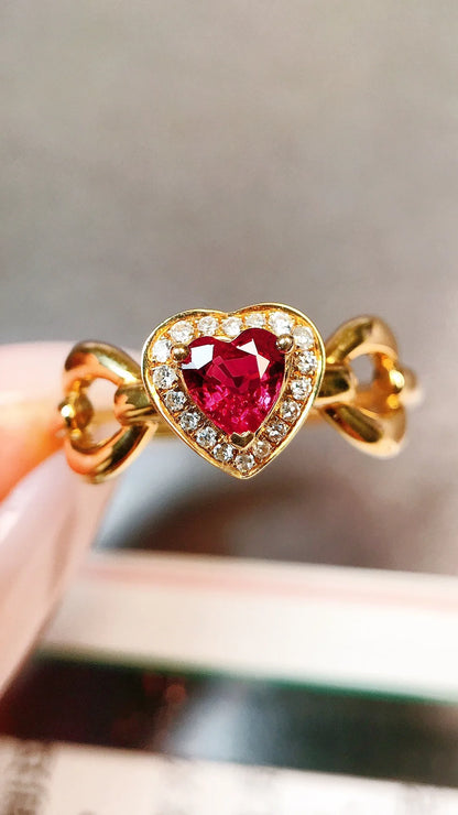 Ring 18K Gold 0.4ct Red Ruby Gemstones Diamonds Anniversary Female's