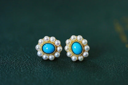 Earrings 18K Rose Gold Turquoise Pearls Gemstones Stud Female's Fine