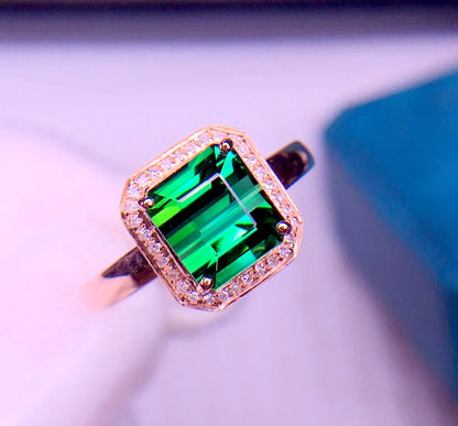 Ring 18K Gold 2.6ct Green Tourmaline Gemstone Diamonds Men's Wedding Ring