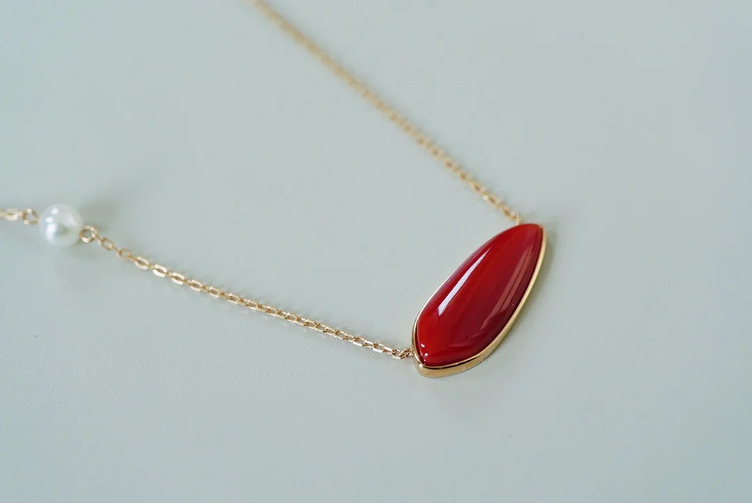 Necklace 18K Yellow Gold Red Coral Pendant Female's Fine Jewelry