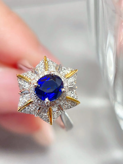 Ring 18K Gold 0.9ct Blue Sapphire Gemstones Diamonds Female's