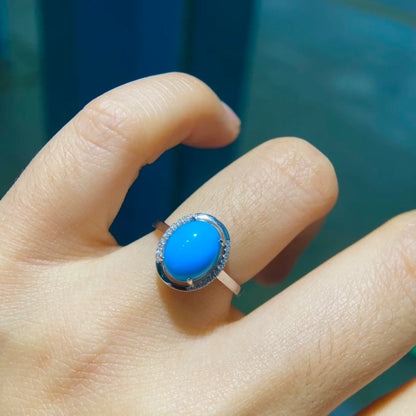 Ring 18K Gold 7.9*9.9mm Blue Turquoise Gemstones Diamonds Female Casual Sporty Fine Jewelry