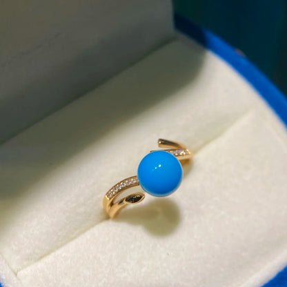 Ring 18K Gold 7mm Blue Turquoise Gemstones Diamonds Female Sporty