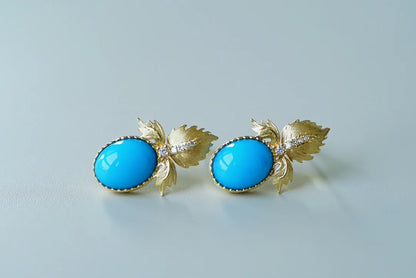 Earrings 18K Gold 8.7*6.7mm Blue Turquoise Drop Female's Fine