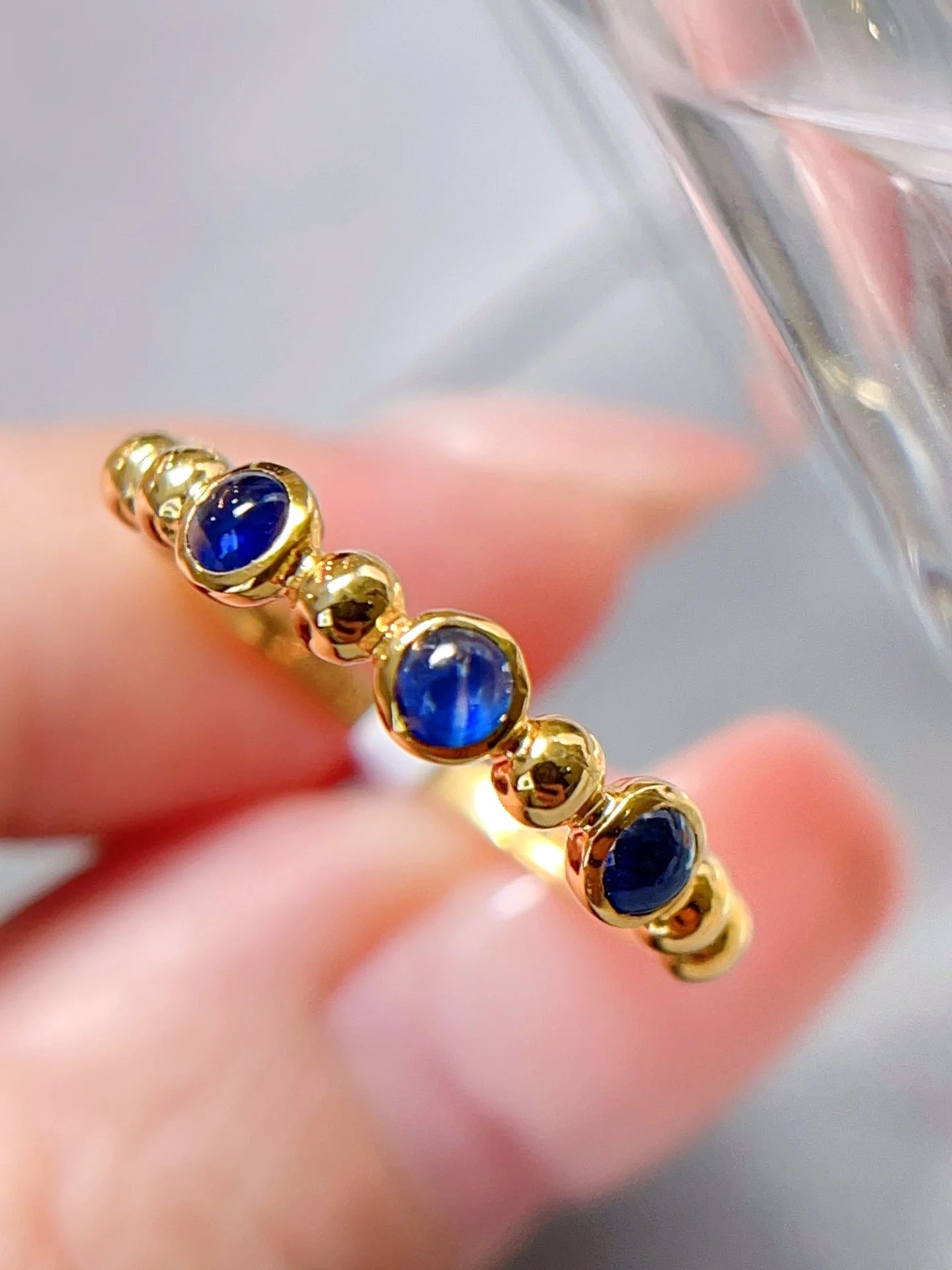 Ring 18K Gold 0.4ct Blue Sapphire Gemstones Diamonds Female Fine