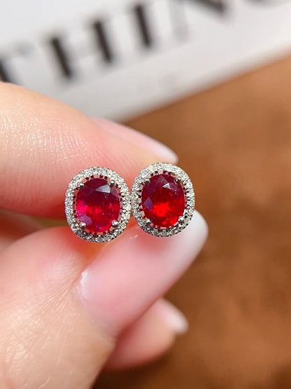 Earrings 18K White Gold 1.13ct Red Ruby Gemstones Stud Female's Fine