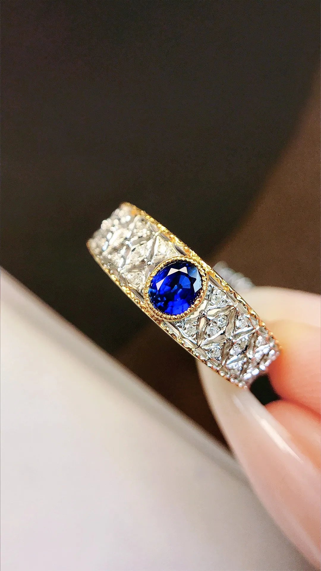 Ring 18K Gold 0.43ct Blue Sapphire Gemstone Diamonds Female Fine Jewelry