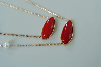 Necklace 18K Yellow Gold Red Coral Pendant Female's Fine Jewelry