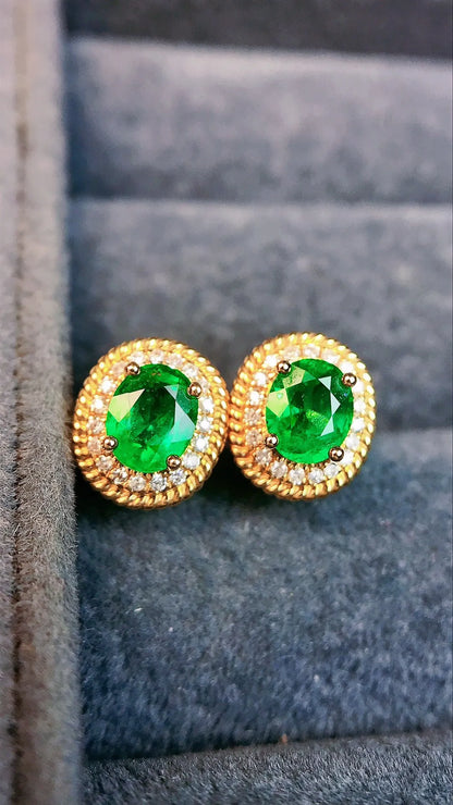 Earrings 18K Gold 0.75ct Green Emerald Gemstones Stud Female's Holiday