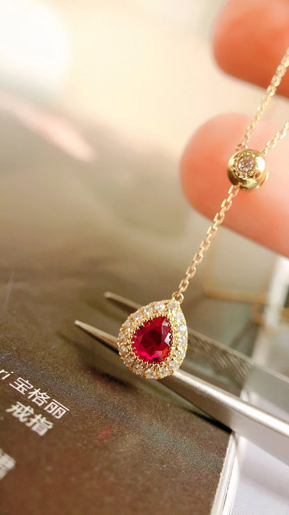 Necklace 18K Gold 0.40ct Red Ruby Diamonds Pendant Female's