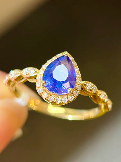 Ring 18K Gold 1.15ct Blue Sapphire Gemstones Diamonds Female's