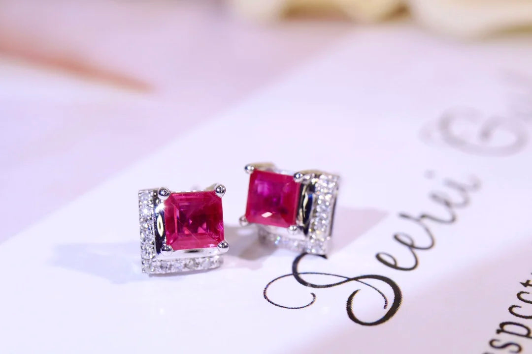 Earrings 18K White Gold 0.55ct Red Ruby Stud Female's Fine Jewelry