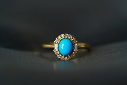 Ring 18K Gold 9.6*8.8mm Blue Turquoise Gemstones Diamonds Female's