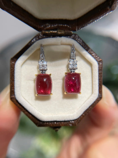 Earrings 18K Gold 3ct Red Tourmaline Diamonds Drop Female's Fine