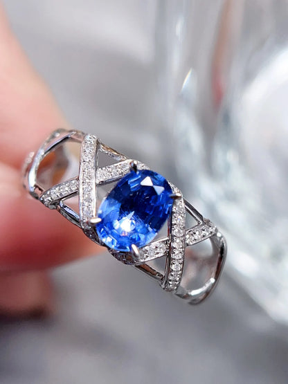 Ring 18K Gold 1ct Cornflower Blue Sapphire Gemstones Diamonds Female's