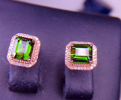 Earrings 18K Rose Gold 2ct Green Tourmaline Diamonds Female's