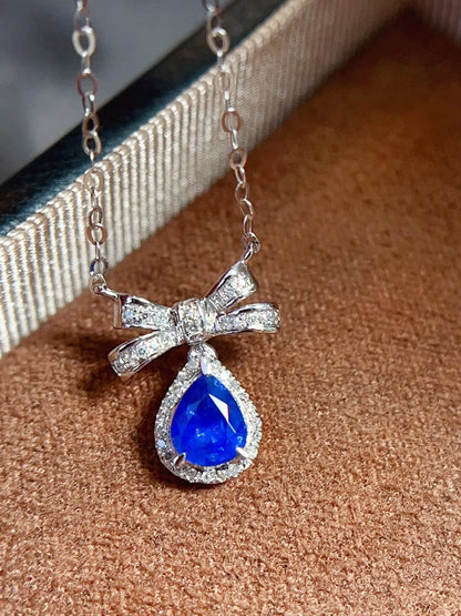 Necklace 18K White Gold 0.6ct Blue Sapphire Diamonds Pendant Female's