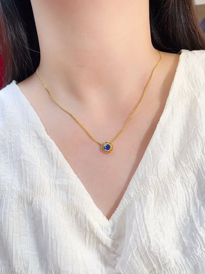 Necklace 18K Yellow Gold 1ct Blue Sapphire Diamonds Pendant Female's