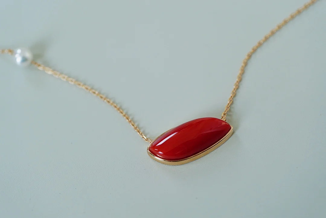 Necklace 18K Yellow Gold Red Coral Pendant Female's Fine Jewelry