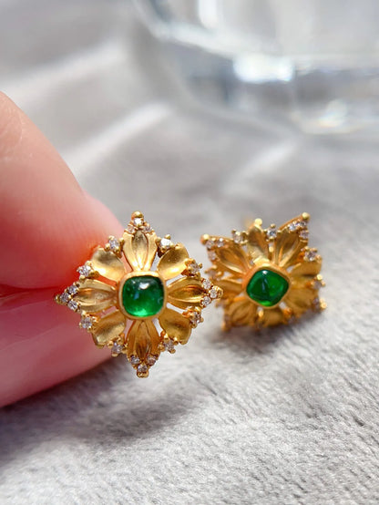 Earrings 18K Gold 0.33ct Green Emerald Gemstones Stud Female's Holiday