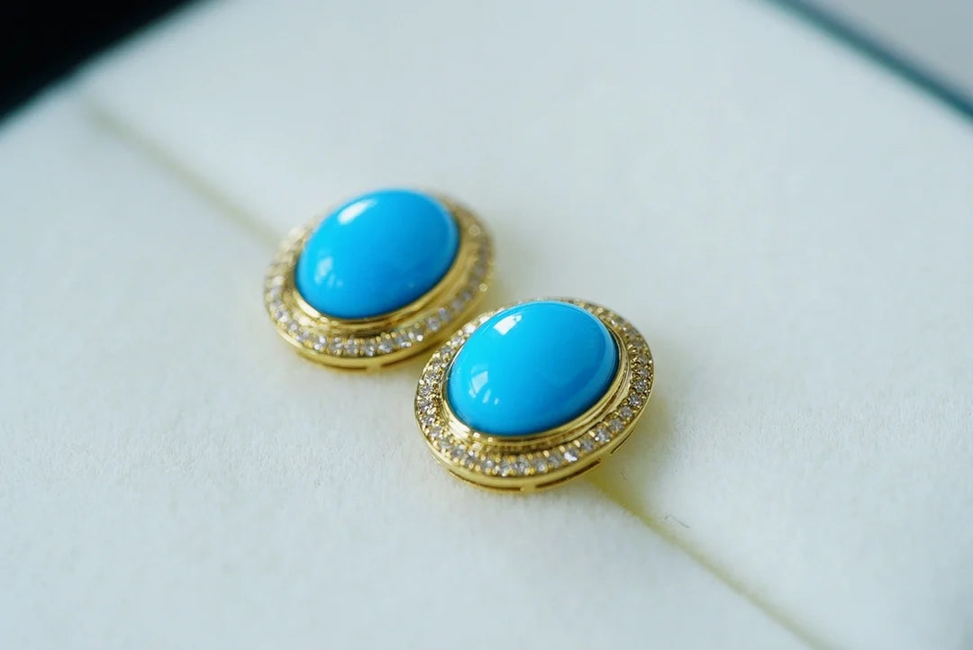 Earrings 18K Gold 9*7mm Blue Turquoise Drop Dangle Female's Fine Gift