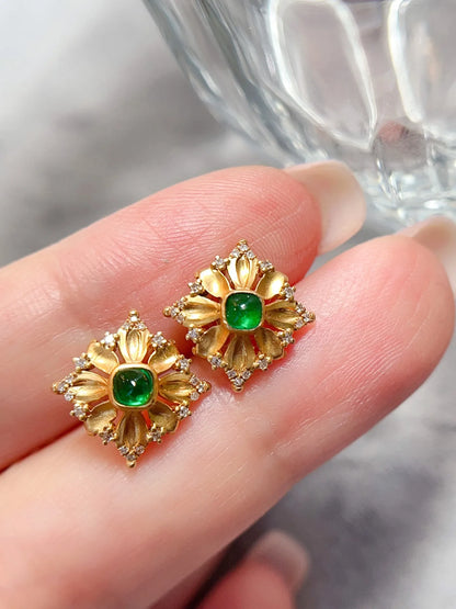 Earrings 18K Gold 0.33ct Green Emerald Gemstones Stud Female's Holiday