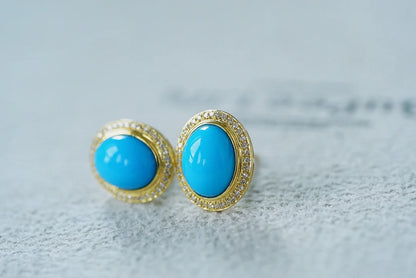 Earrings 18K Gold 9*7mm Blue Turquoise Drop Dangle Female's Fine Gift