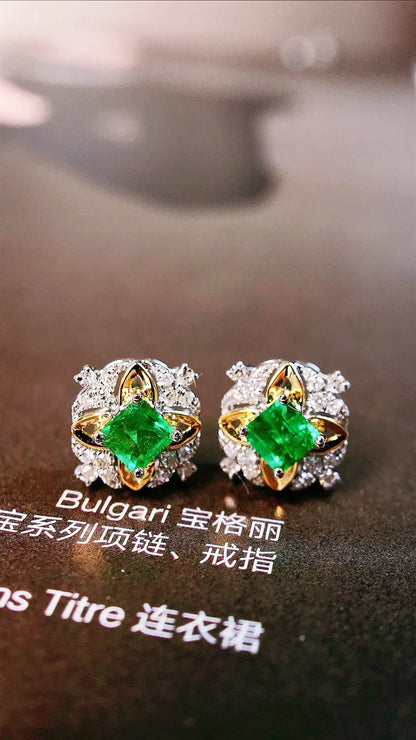 Earrings 18K Gold 0.36ct Green Emerald Gemstones Stud Female's Holiday