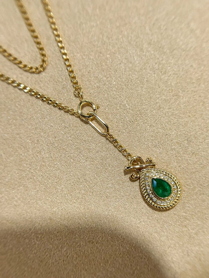 Necklace 18K Gold 0.55ct Green Emerald Diamonds Pendant Female's