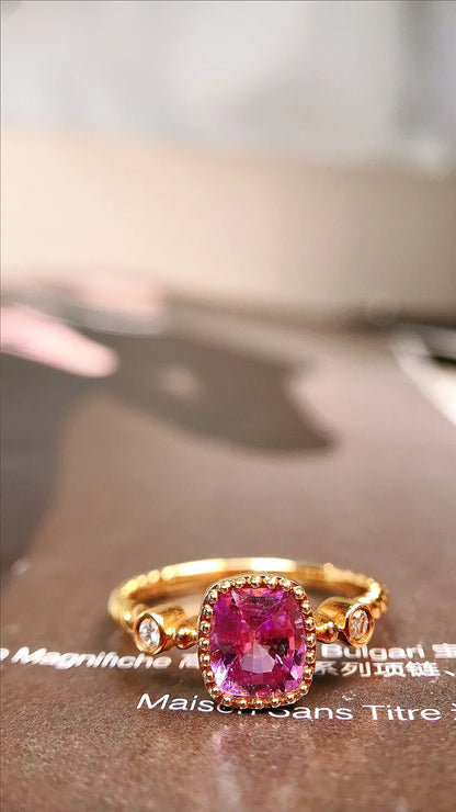 Ring 18K Gold 0.98ct Pink Sapphire Gemstones Diamonds Female Fine