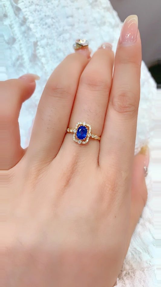 Ring 18K Gold 0.74ct Blue Sapphire Gemstones Diamonds Female Fine Jewelry