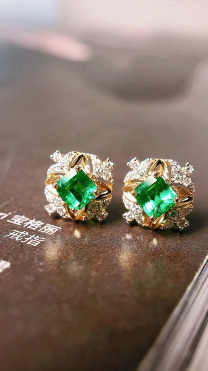 Earrings 18K Gold 0.54ct Vivid Green Emerald Stud Female's Holiday