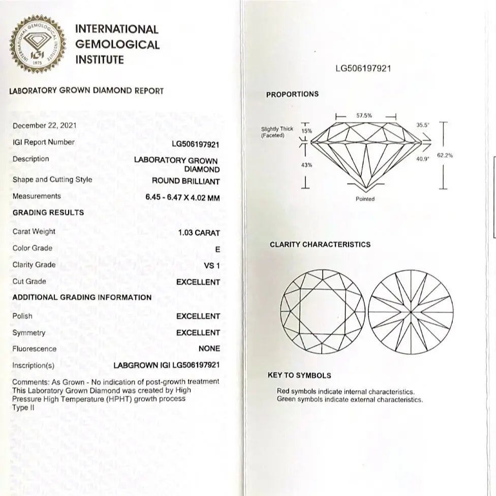 Ring 18K 14K Gold Lab Grown Diamond 1ct 0.5ct D VS1 CVD HPHT IGI Certicfication