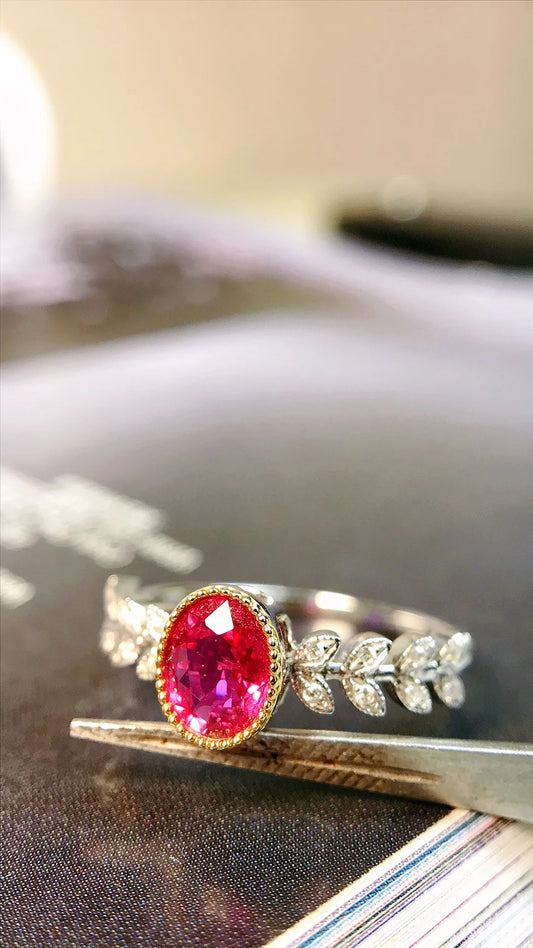 Ring 18K Gold 0.58ct Red Ruby Diamond Female Anniversary Fine Jewelry