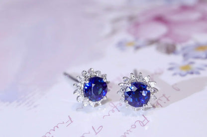 Earrings 18K Gold 0.55ct Blue Sapphire Gemstones Stud Female's Fine