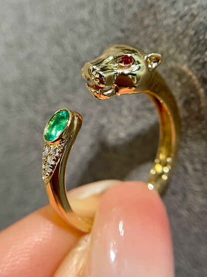 Ring 18K Gold 0.2ct Green Emerald Gemstones Diamonds Female's