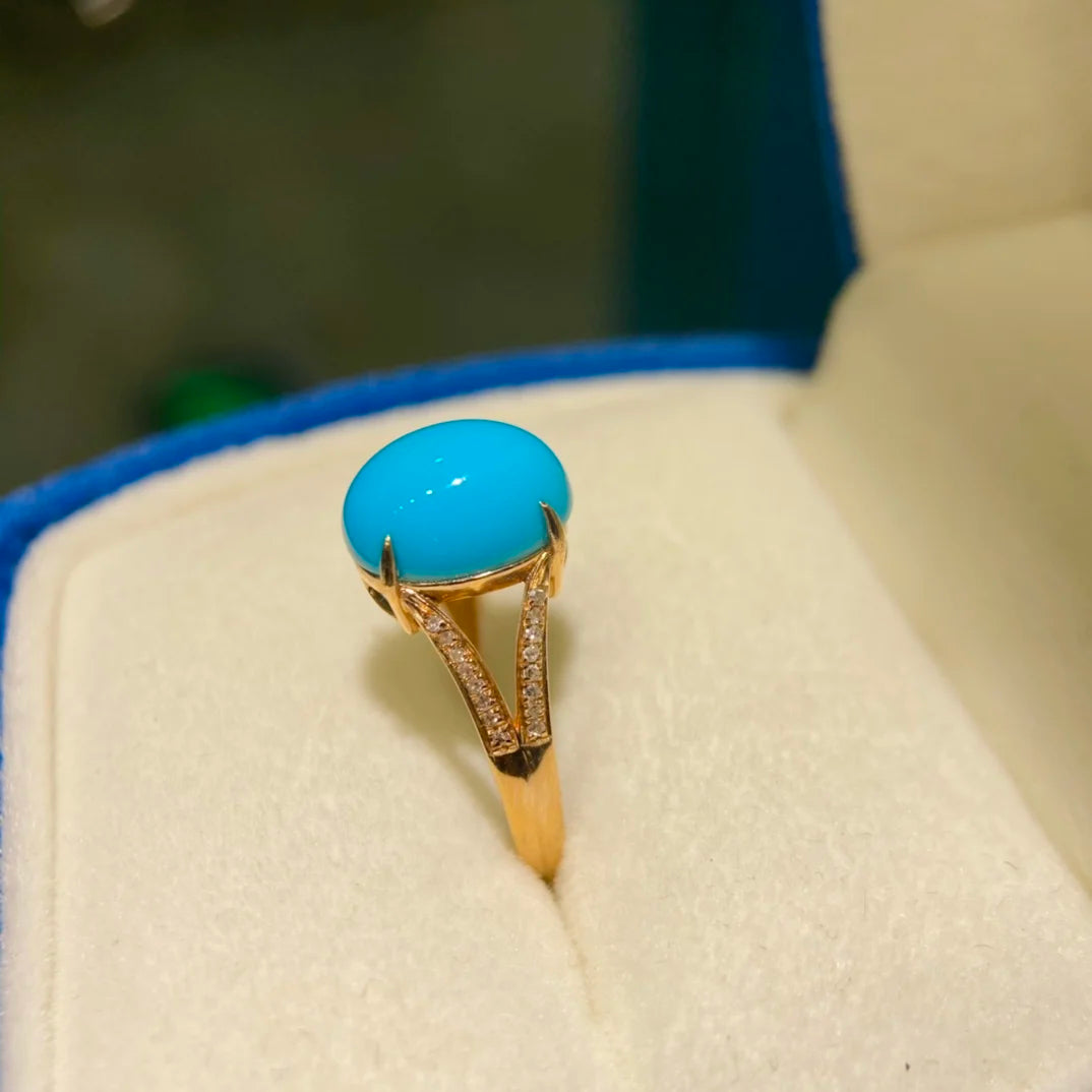 Ring 18K Gold 11*9mm Blue Turquoise Gemstones Diamonds Female Sporty