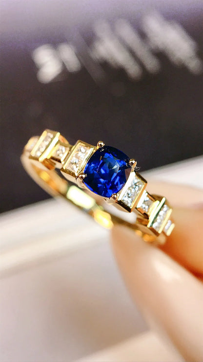 Ring 18K Gold 0.53ct Blue Sapphire Gemstones Diamonds Female Fine