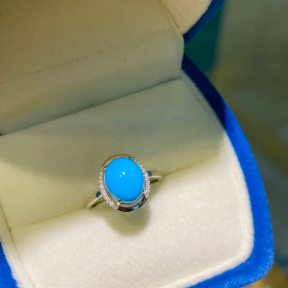 Ring 18K Gold 7.9*9.9mm Blue Turquoise Gemstones Diamonds Female Casual Sporty Fine Jewelry