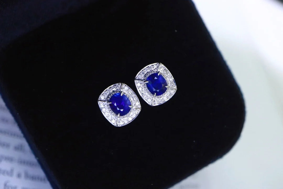 Earrings 18K Gold 0.865ct Royal Blue Sapphire Stud Female's Fine