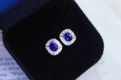 Earrings 18K Gold 0.865ct Royal Blue Sapphire Stud Female's Fine