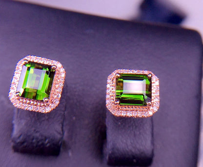 Earrings 18K Rose Gold 2ct Green Tourmaline Diamonds Female's